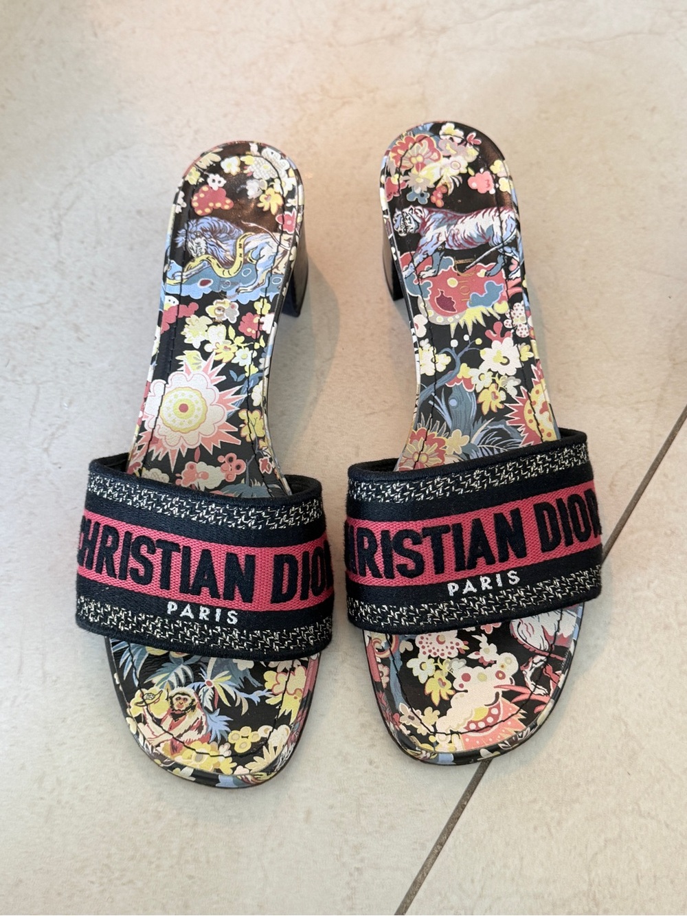 Dior Black and Red Slide Mule with Floral Insole - Picture 3 of 3